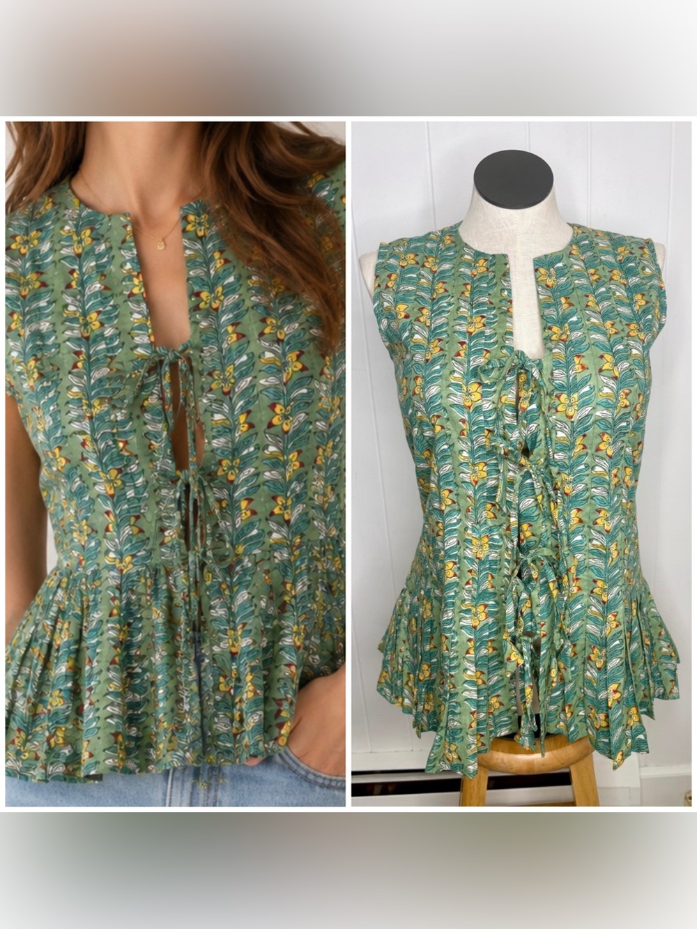 Indian Floral Summer Top Cotton Peplum Boho Blouse Handmade Tie Front Tunic XS